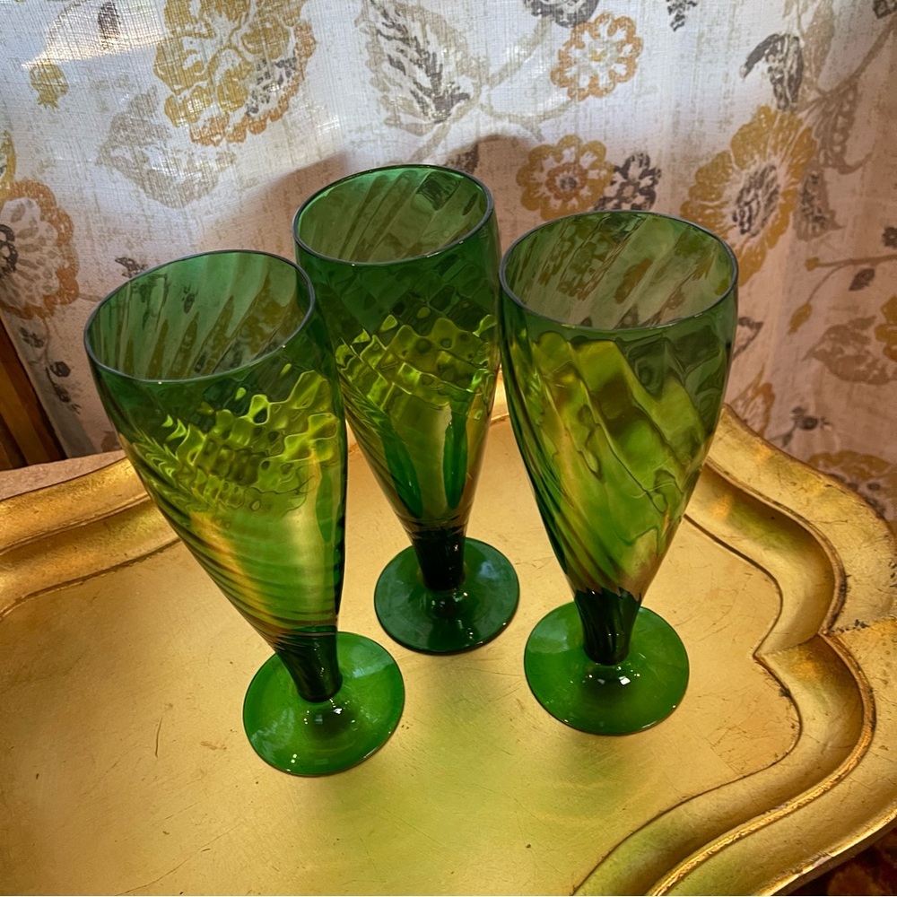Vintage  3 Empoli Optic Drinking Glasses, Emerald Green  Optic Glass Handblown - Picture 3 of 16